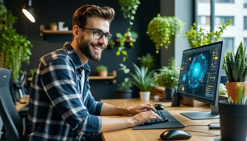 a happy man in his mid 30s working with AI in an aesthetic enviorement make sure to use plants and good lightning with the tones of our brand-1