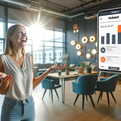 a happy millennial woman looking at positive metrics and a good HubSpot ROI in a modern office