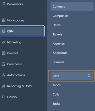 hubspot lists menu